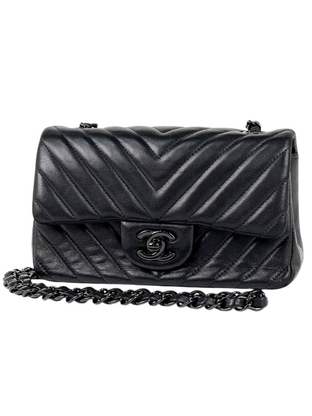 Chanel Stitch Chain Shoulder Bag CC Logo Blanc Leather Black